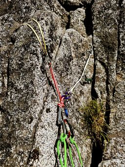 Trad anchor at the end of pitch three.  Because of some far/odd placements, I used a girth hitch on a carabiner for the master point, a technique I'd recently learned from Adam Butterfield.