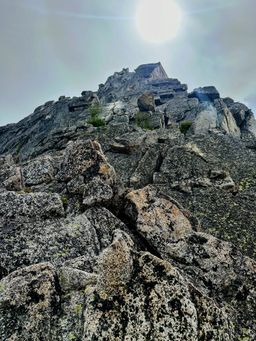 Looking up at the start of the route, with the prominent white crack.